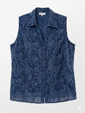 Puli Navy Paisley Sleeveless Button-Up Blouse Sz 18
